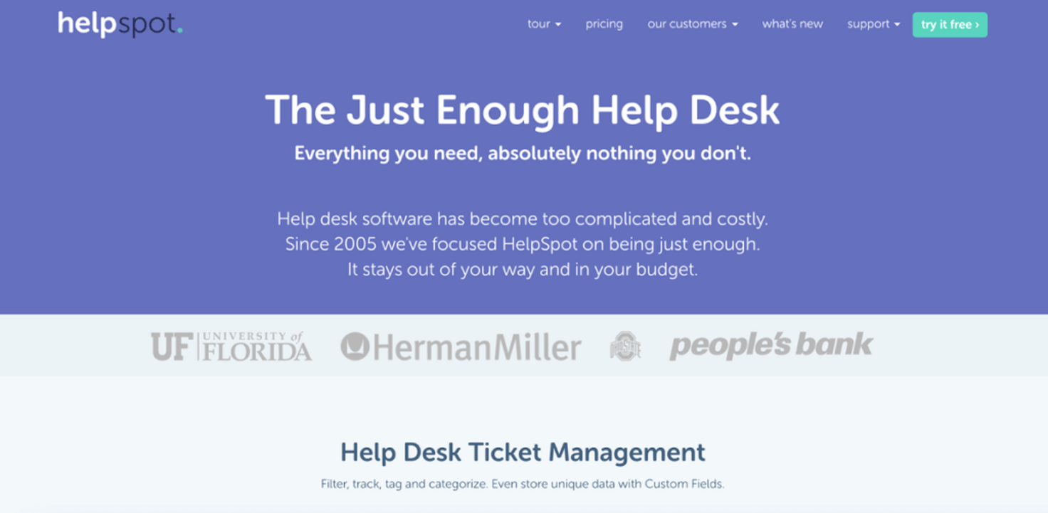HelpSpot homepage: The Just Enough Help Desk