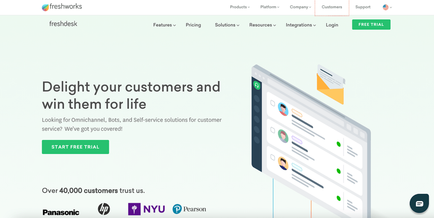 Freshworks Freshdesk homepage: Delight your customers and win them for life.