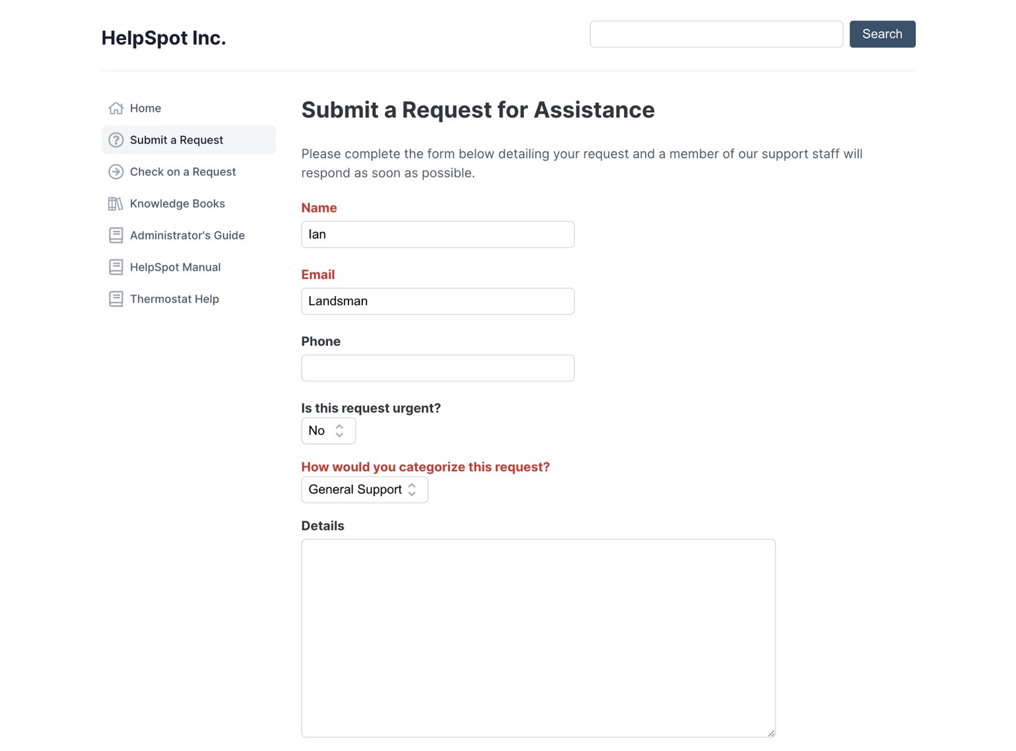 HelpSpot's portal to Submit a Request for Assistance