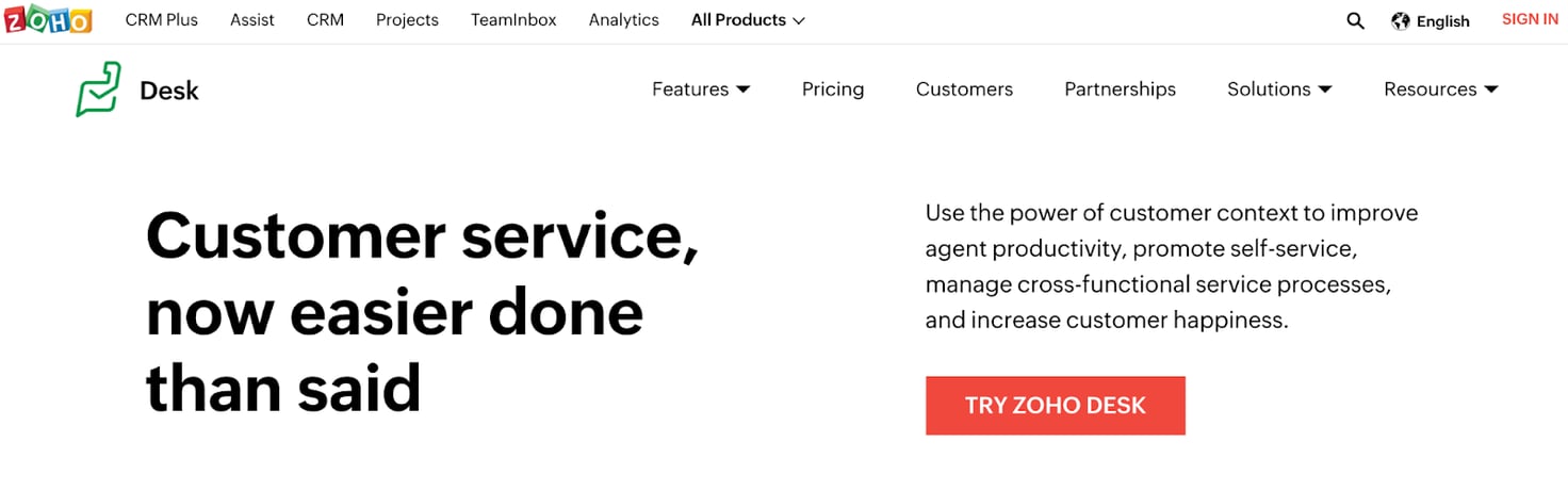 Zoho Desk homepage: Customer service, now easier done than said.