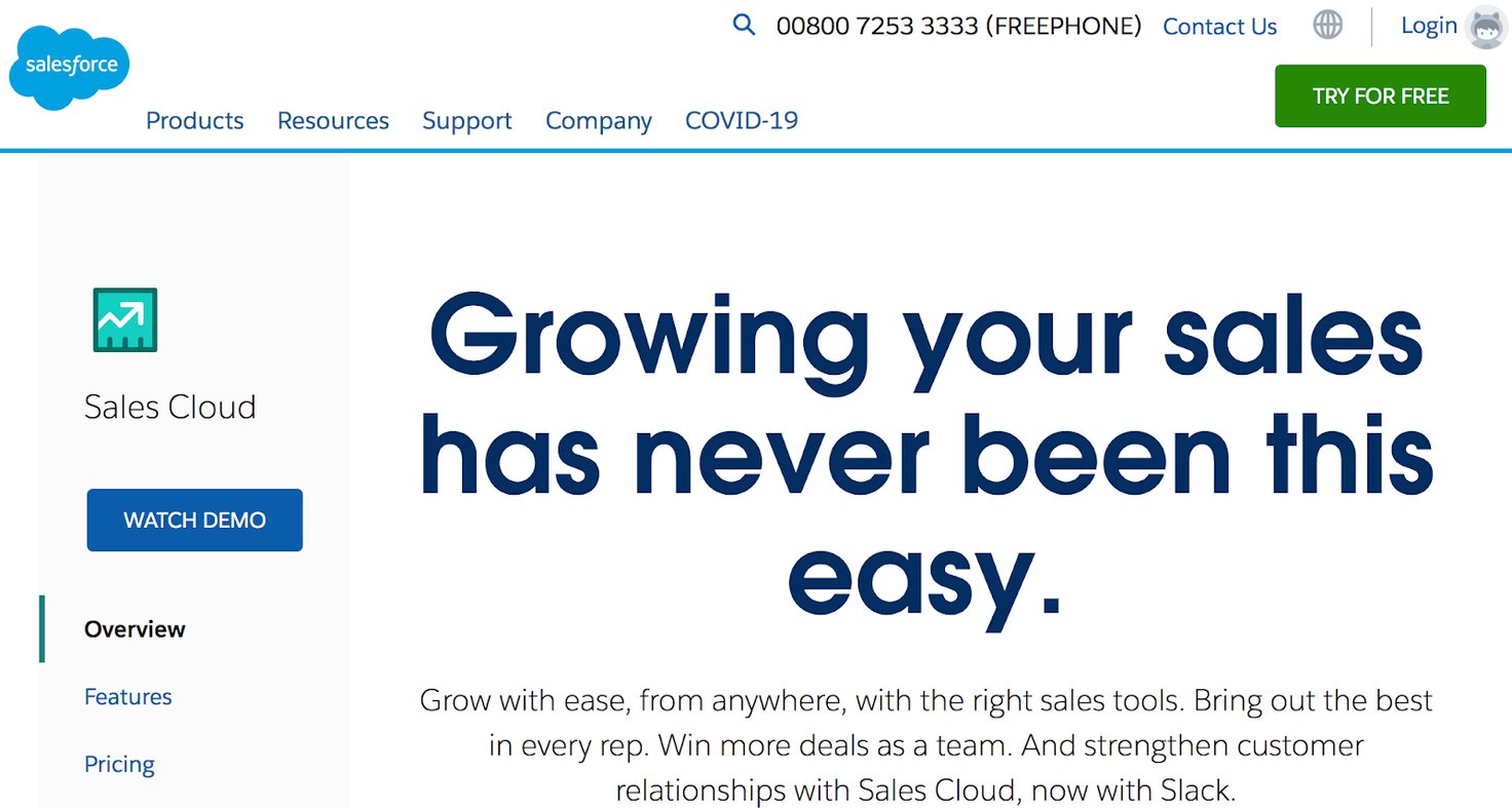 Salesforce Sales Cloud homepage: Growing your sales has never been this easy.