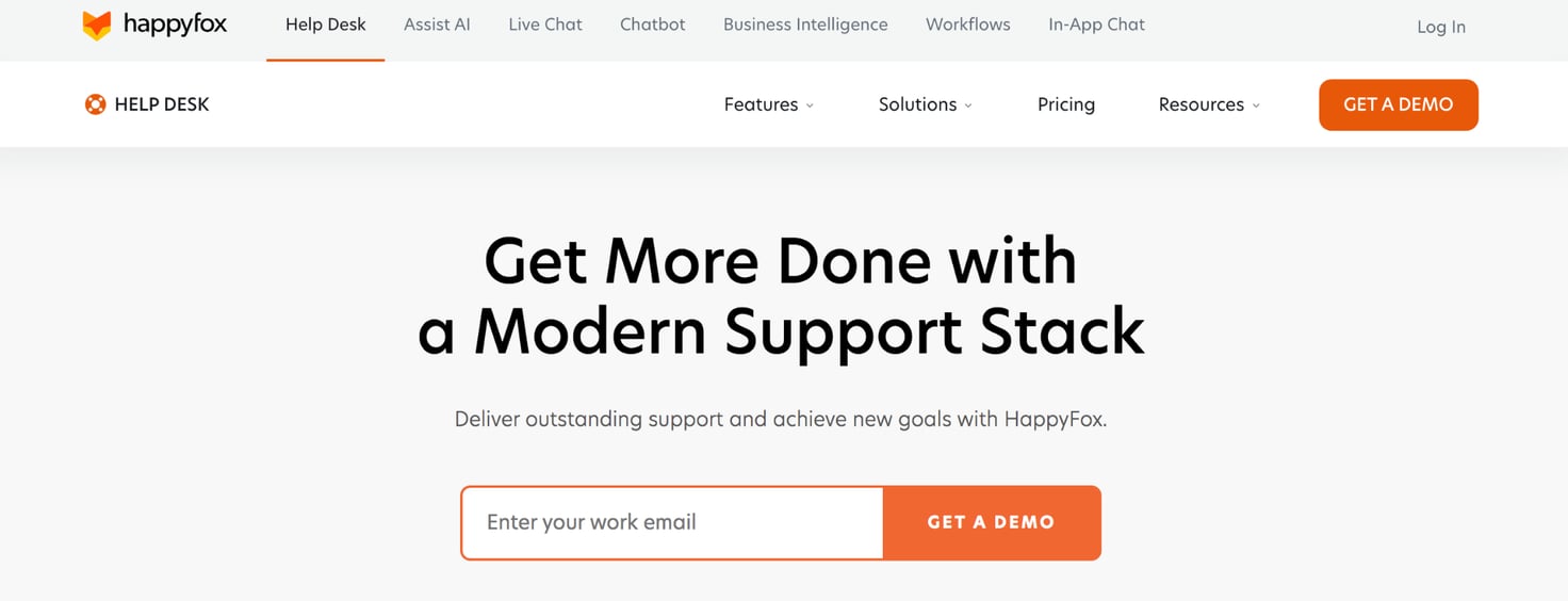 Happy Fox homepage: Get more done with a modern support stack.