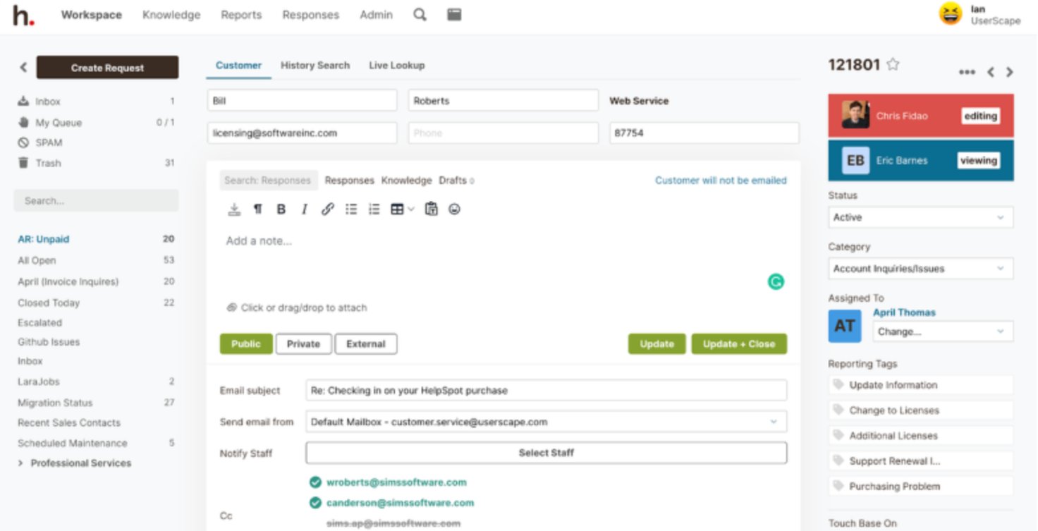 HelpSpot's Collaboration Tools tell you who is viewing or editing a response to a customer.