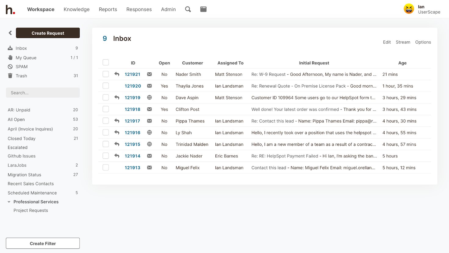 Helpspot's Central Inbox: Everything is stored in one place