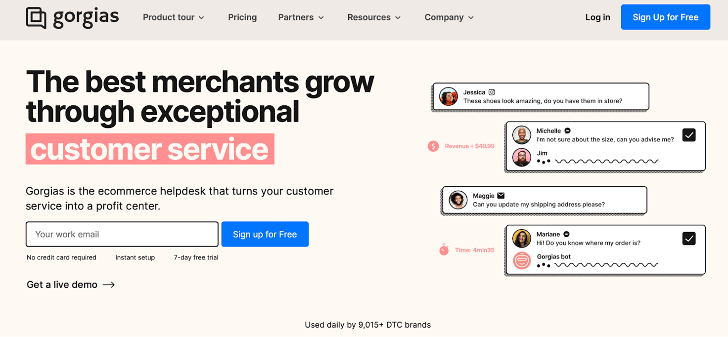 Gorgias homepage: The best merchants grow through exceptional customer service