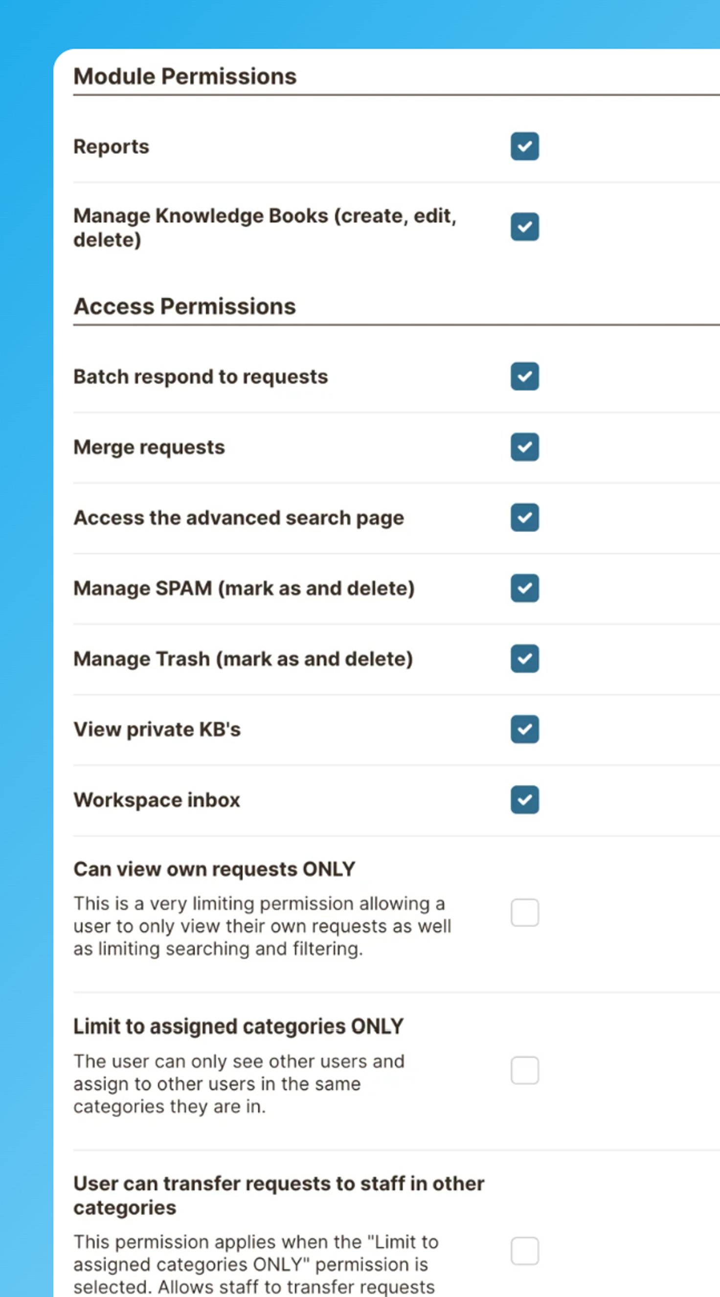 Module access and permissions.