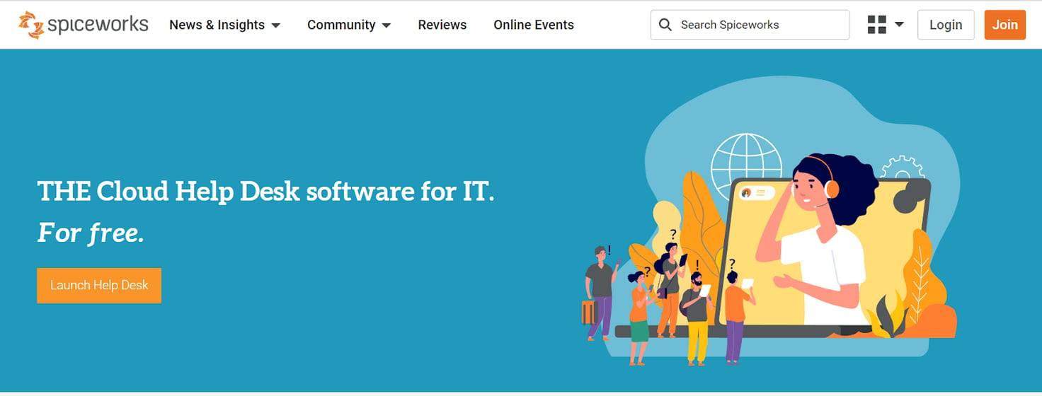 Spiceworks homepage: The Cloud Help Desk Software for IT. For free.