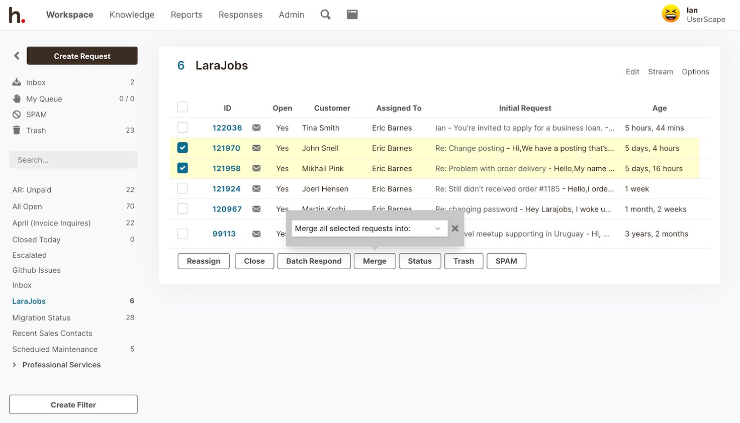 Shared inbox management: Easily merge customer emails within HelpSpot.