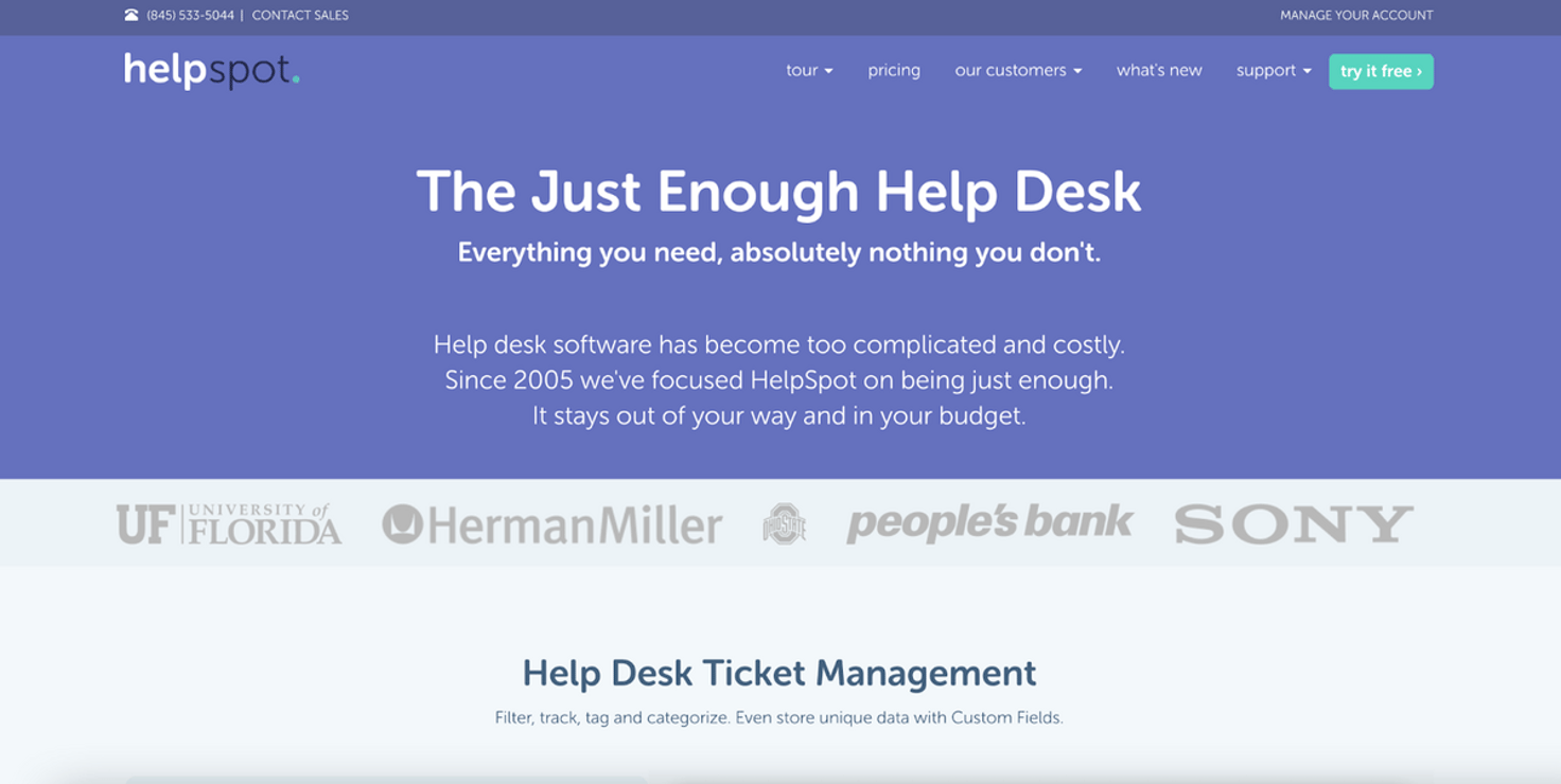 HelpSpot homepage: The Just Enough Help Desk; Everything you need, absolutely nothing you don't.