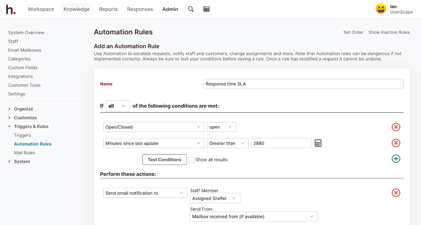HelpSpot's Automation Rules: Use Automation to escalate requests.