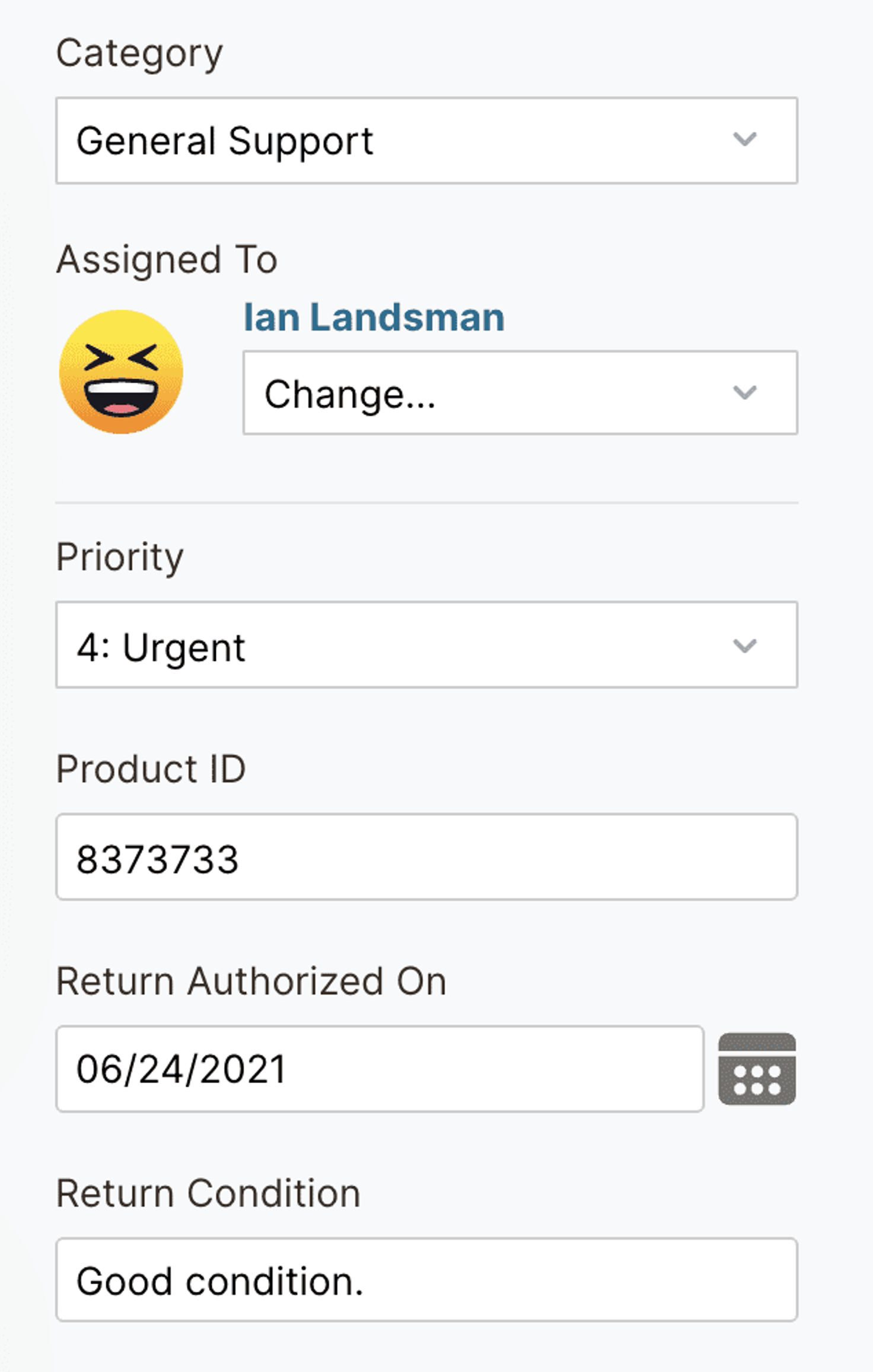 HelpSpot Category, Assigned To, Priority, Product ID, Return Condition