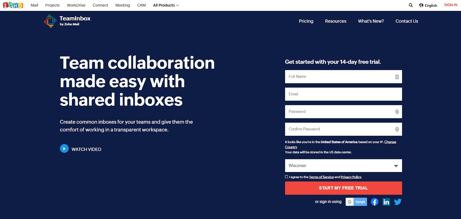 Zoho TeamInbox homepage: Team collaboration made easy with shared inboxes. Create common inboxes for your teams and give them the comfort of working in a transparent workspace.