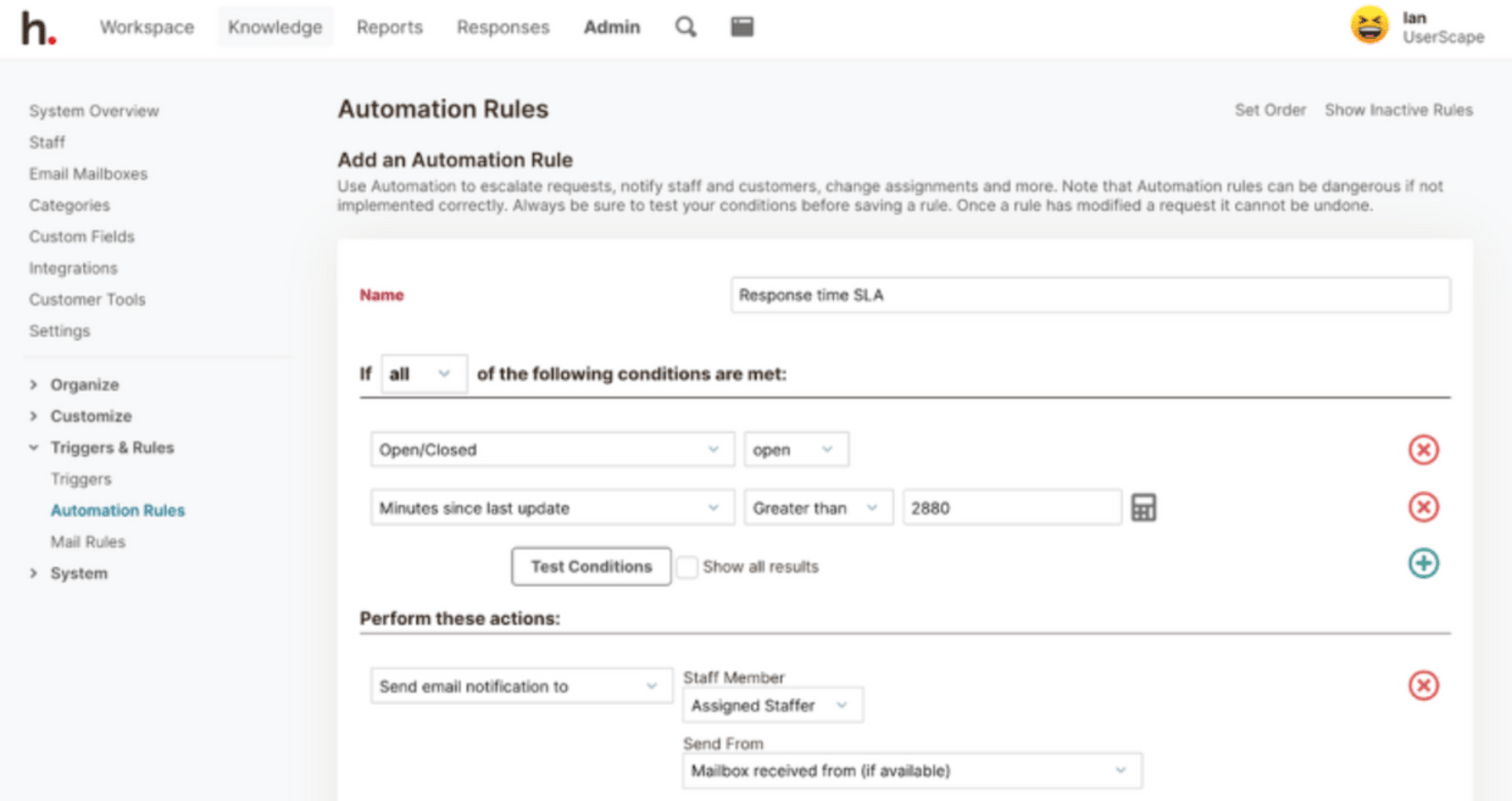 HelpSpot Automation Rules: Add an Automation Rule to escalate requests, notify staff and customers, change assignments and more. 
