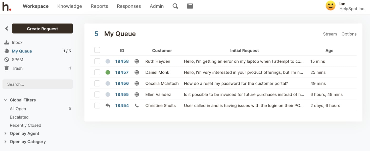 HelpSpot's Queue keeps everyone that you need to respond to in one place.