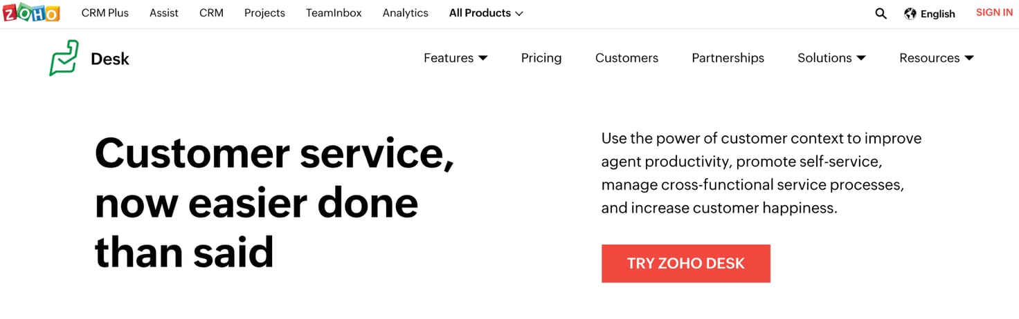 Zoho desk homepage: Customer service, now easier done than said.