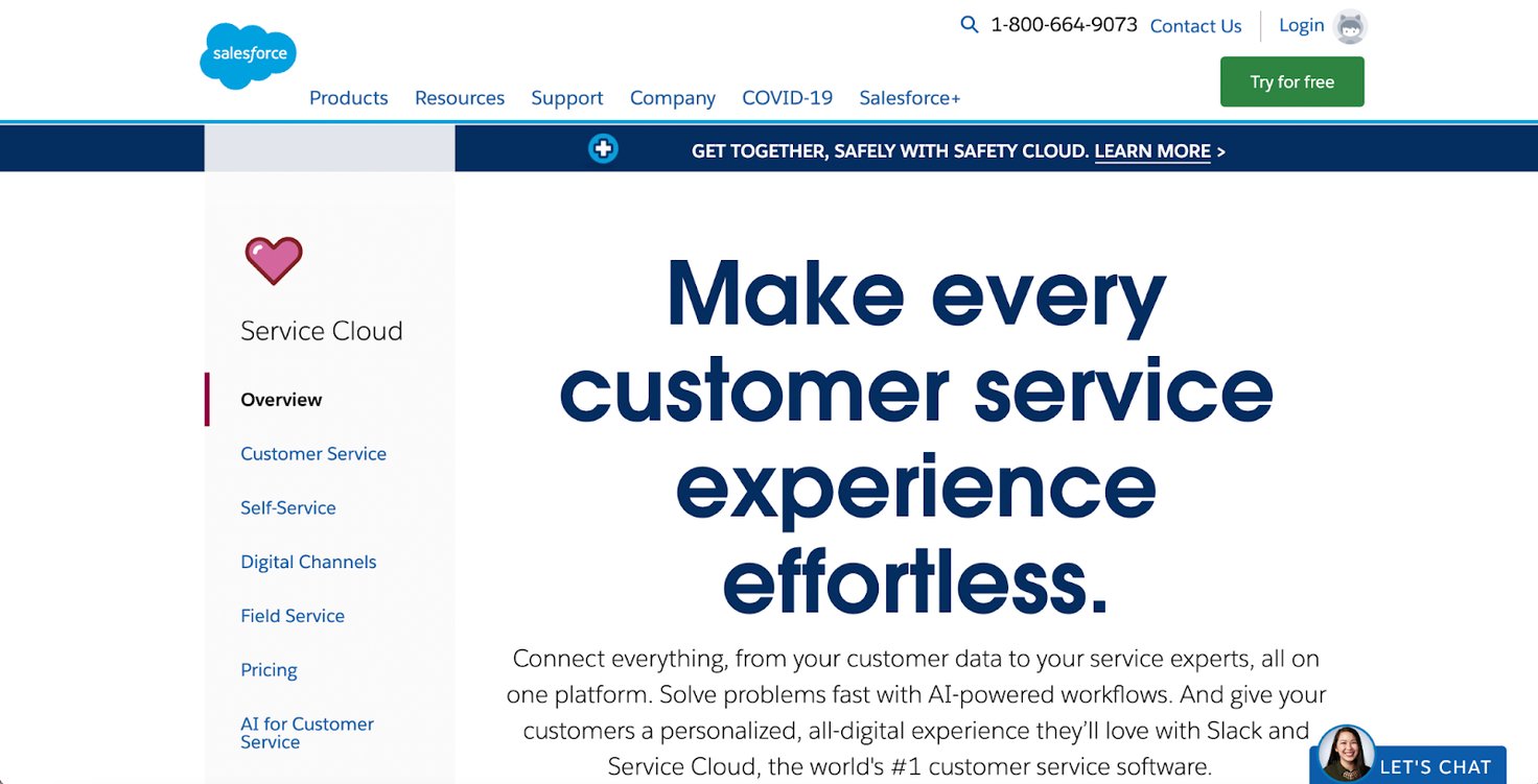 Salesforce Service Cloud homepage: Make every customer service experience effortless.