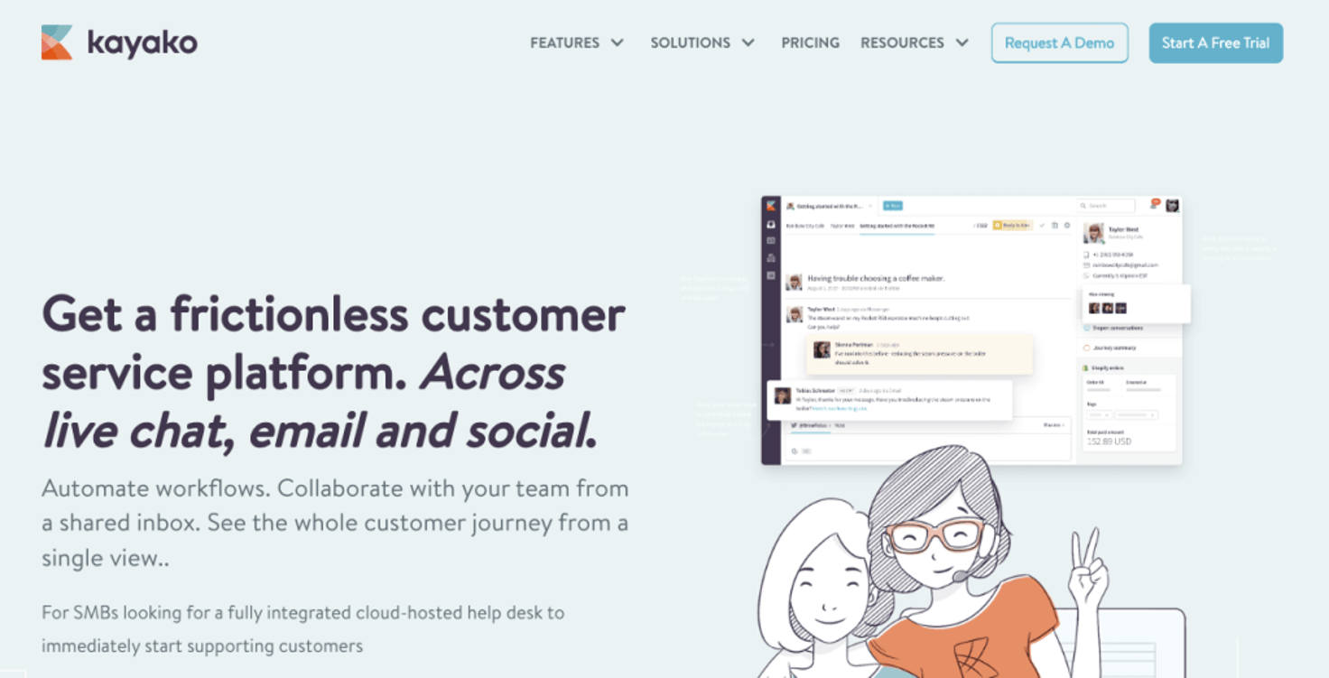 Kayako homepage: Get a frictionless customer service platform. Across live chat, email and social.