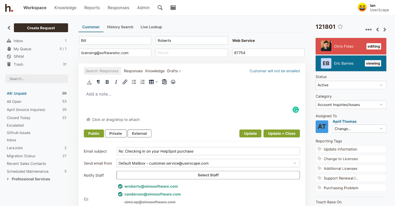 Collision Detection in HelpSpot shows you who is viewing or editing a response to the same ticket.
