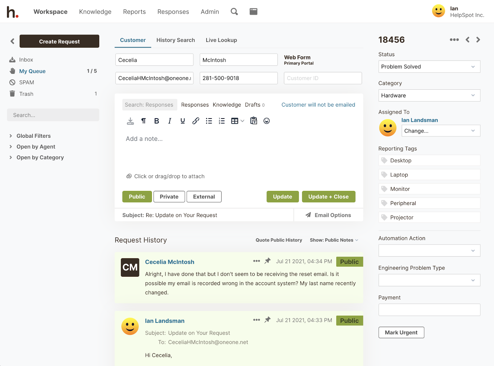 Internal Notes in HelpSpot show you all important information for each ticket in one place.