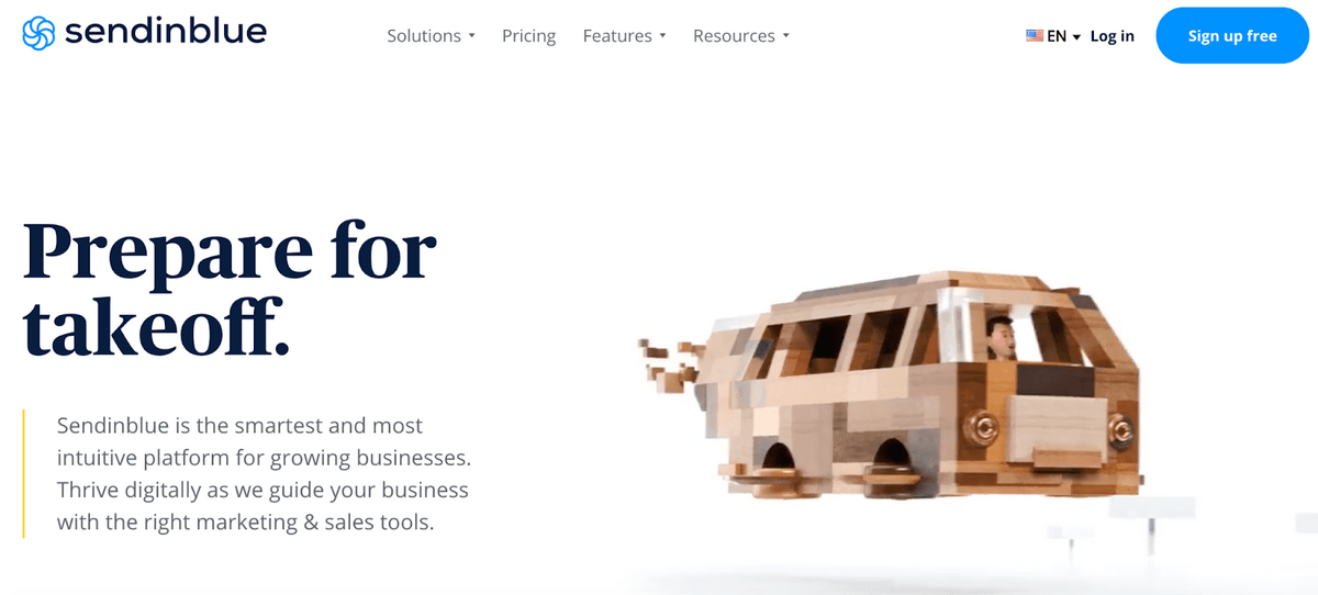Sendinblue homepage: Prepare for takeoff. Sendinblue is the smartest and most intuitive platform for growing businesses. Thrive digitally as we guide your business with the right marketing and sales tools.