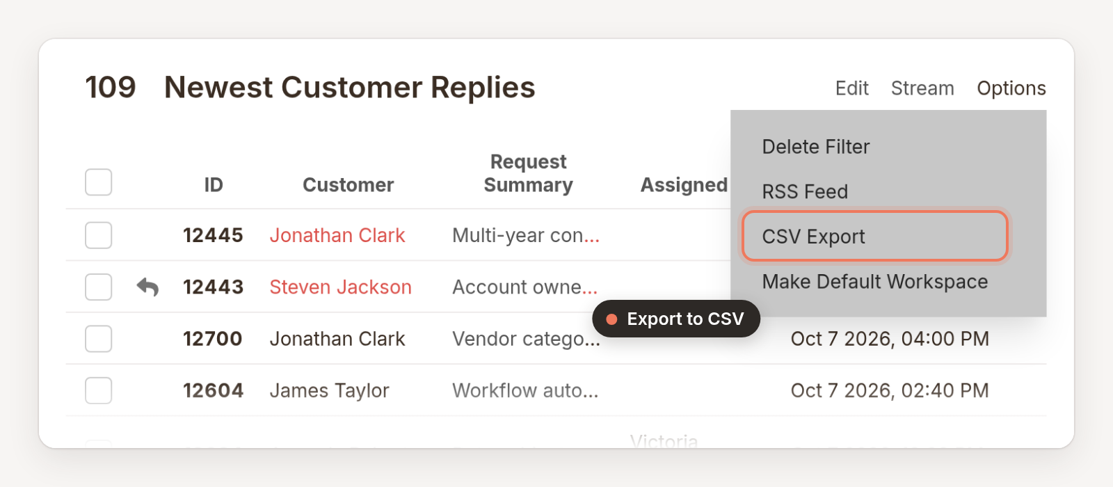 A filter's Options menu open, with CSV Export highlighted