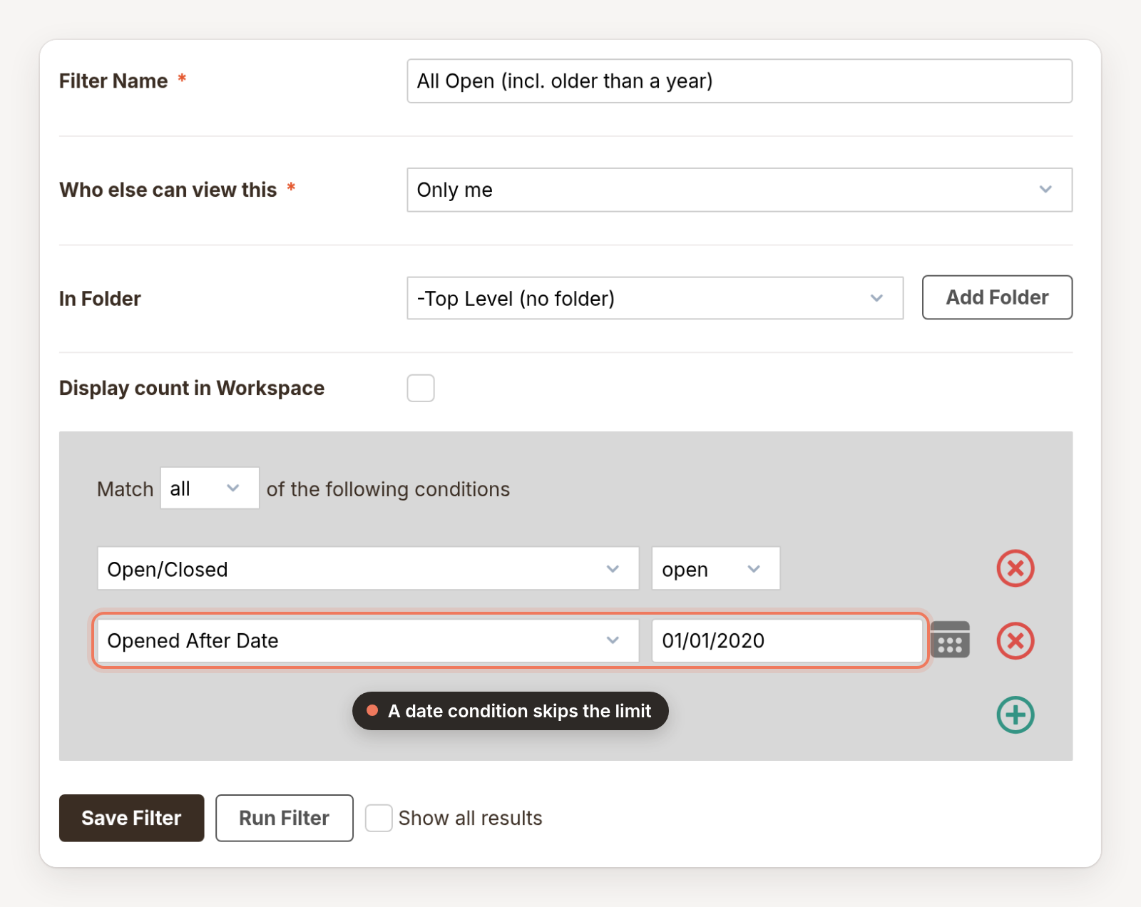 The filter editor with an Opened After Date condition set to 01/01/2020, which lets the filter include requests older than a year