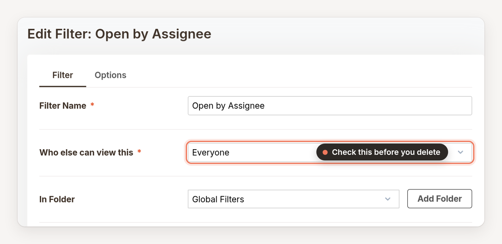 The filter editor's Who else can view this setting, set to Everyone