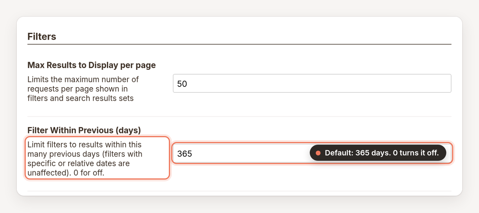 The Filter Within Previous (days) setting in Admin > Settings, set to the default of 365