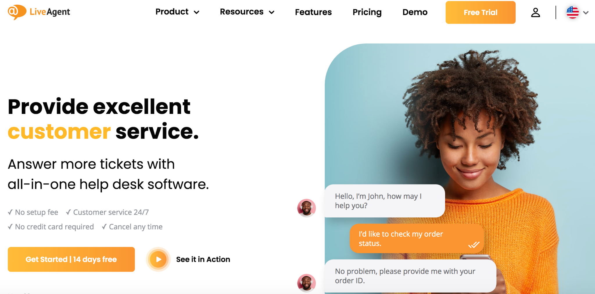 LiveAgent homepage: Provide excellent customer service; answer more tickets with all-in-one help desk software.