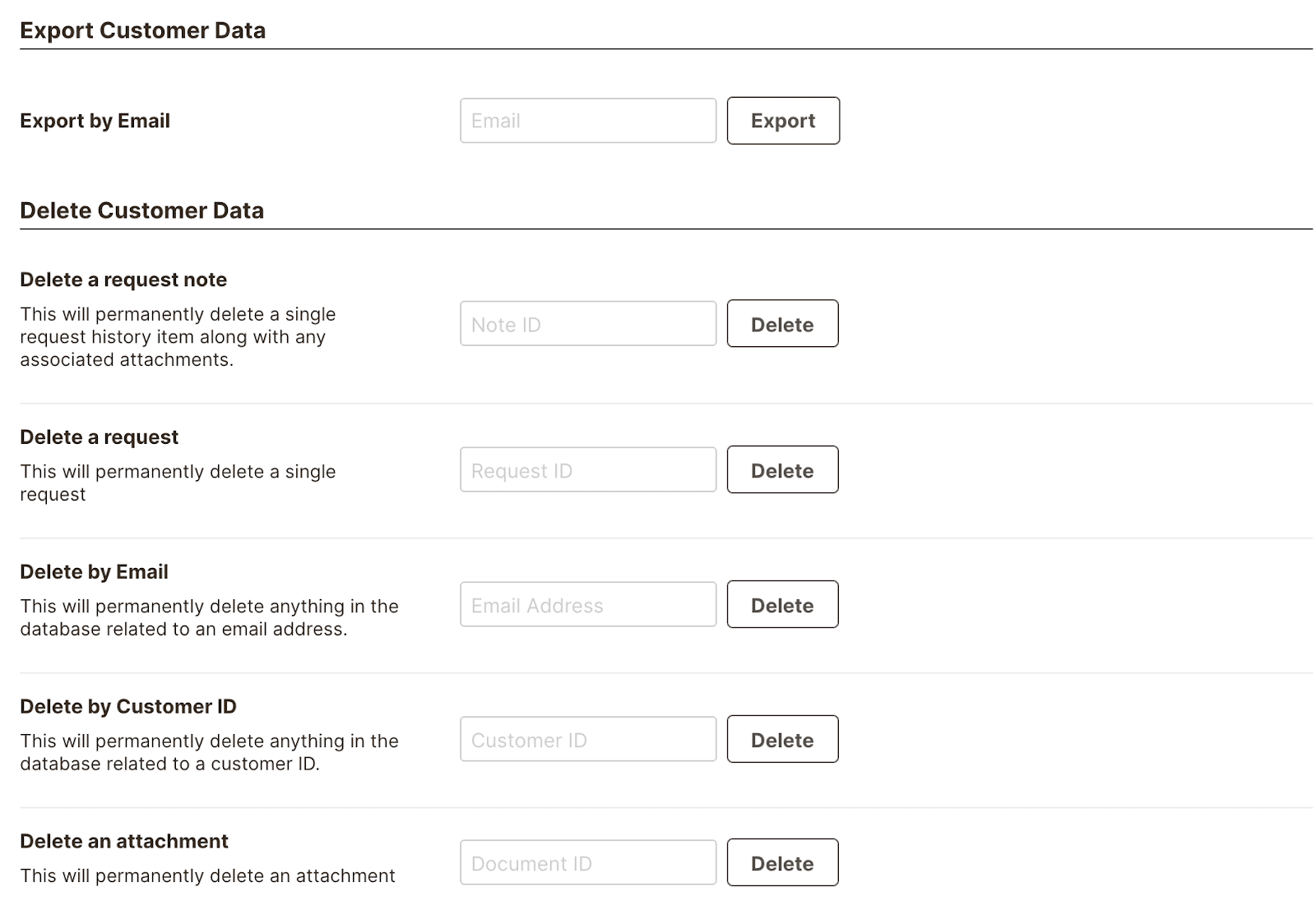 Export Customer Data by Email, or Delete Customer Data.