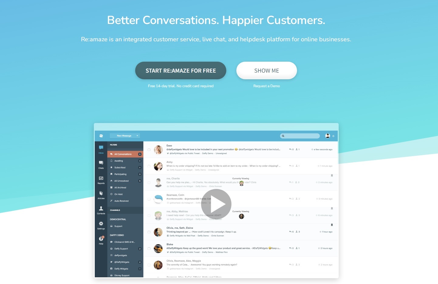 Re:amaze homepage: Better conversations. Happier Customers.