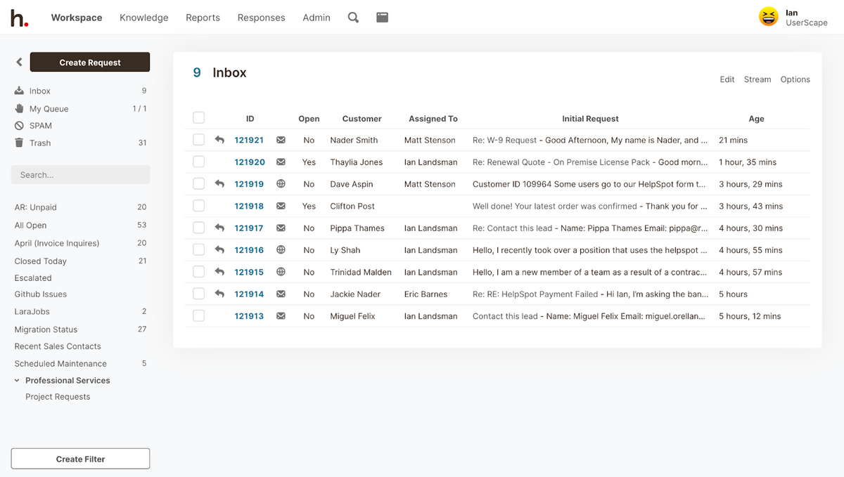 Helpspot interface - inbox