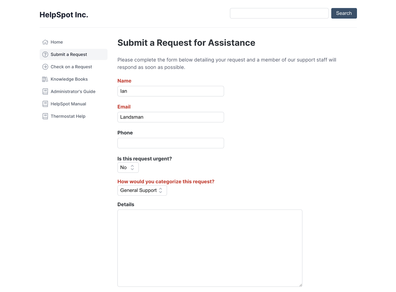 Submitting a Request for Assistance example