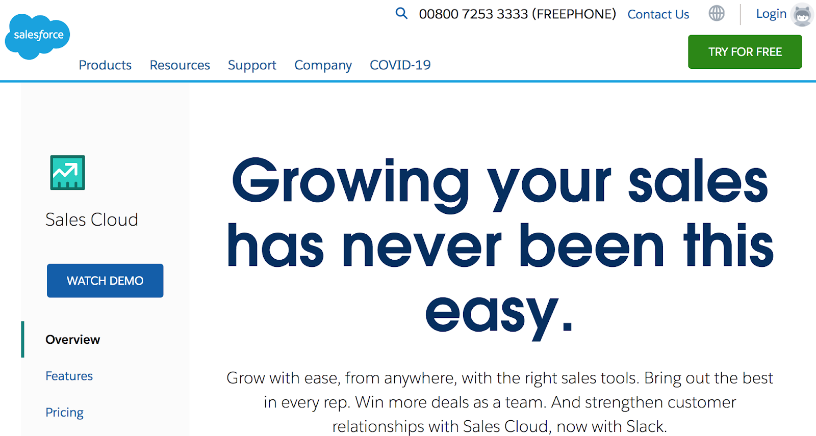 Salesforce Sales Cloud homepage: Growing your sales has never been this easy.