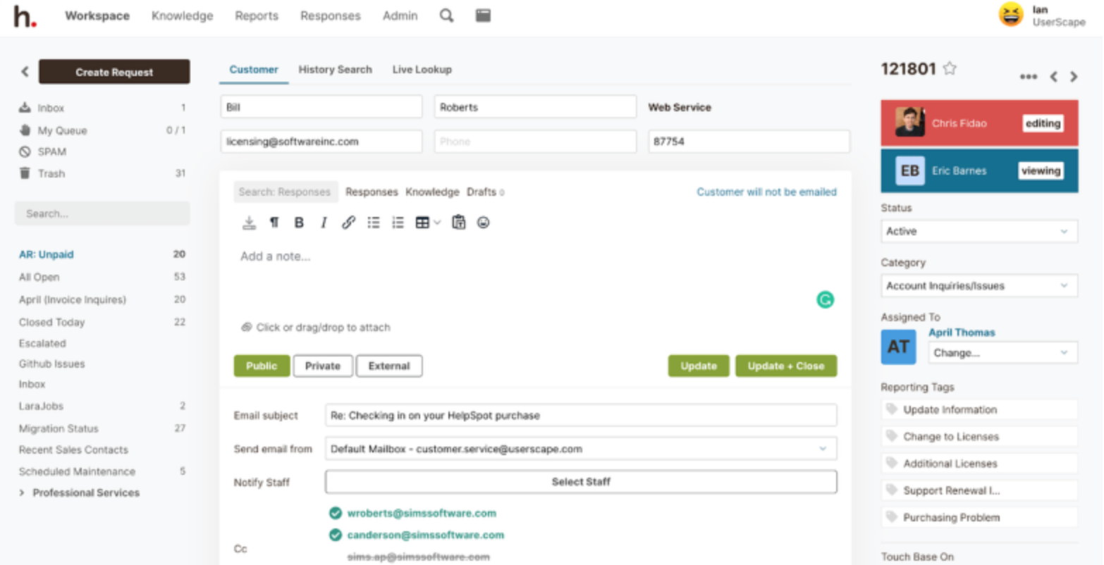 HelpSpot's Collaboration Tools tell you who is viewing or editing a response to a customer.