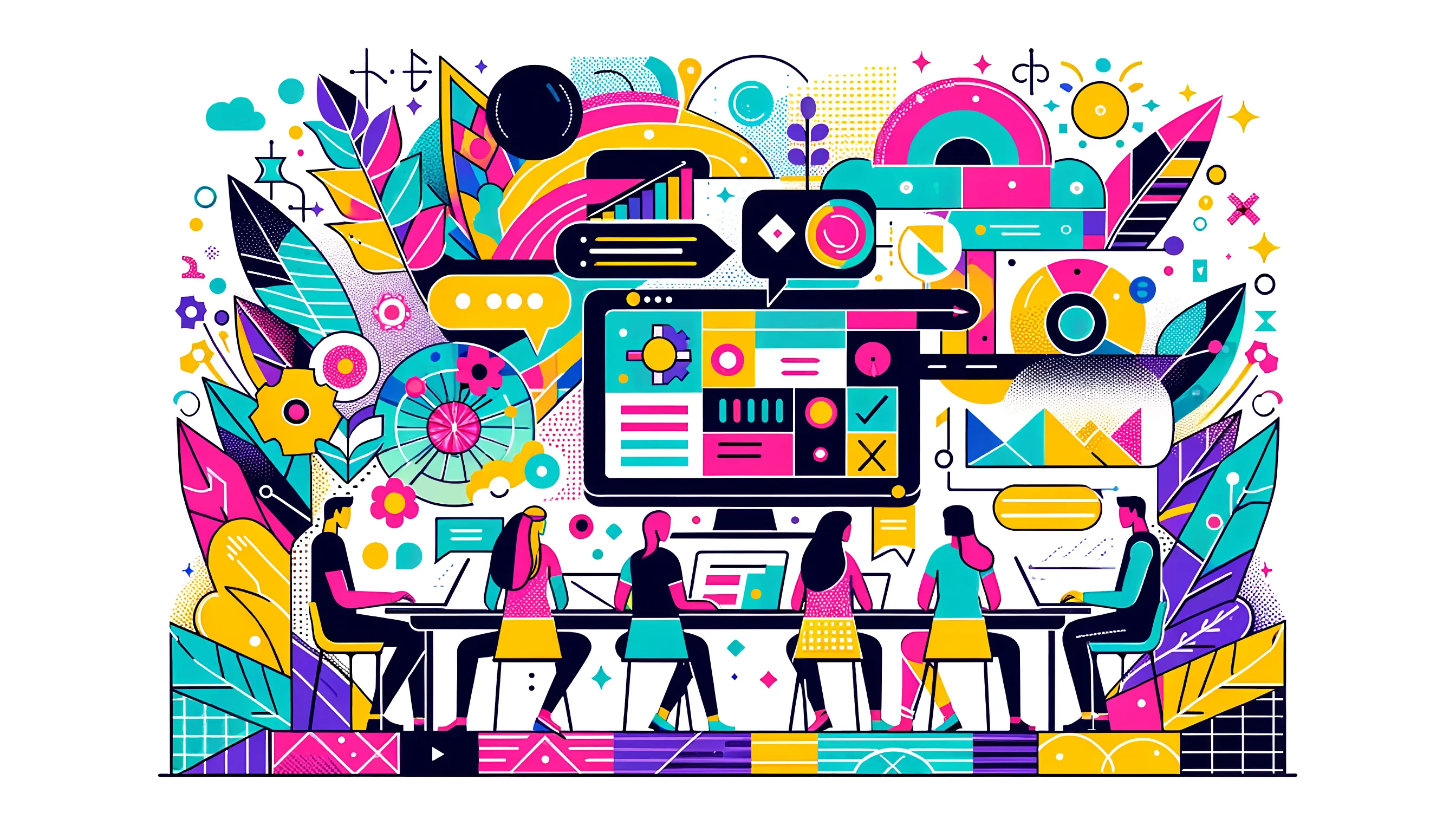 An illustration of a group of employees creating documentation in a knowledge base