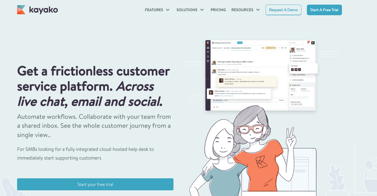 Kayako homepage: Get a frictionless customer service platform. Across live chat, email and social.