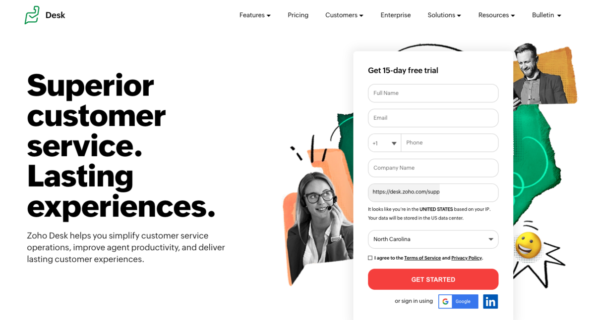 Zoho Desk homepage: Superior customer service. Lasting experiences. 