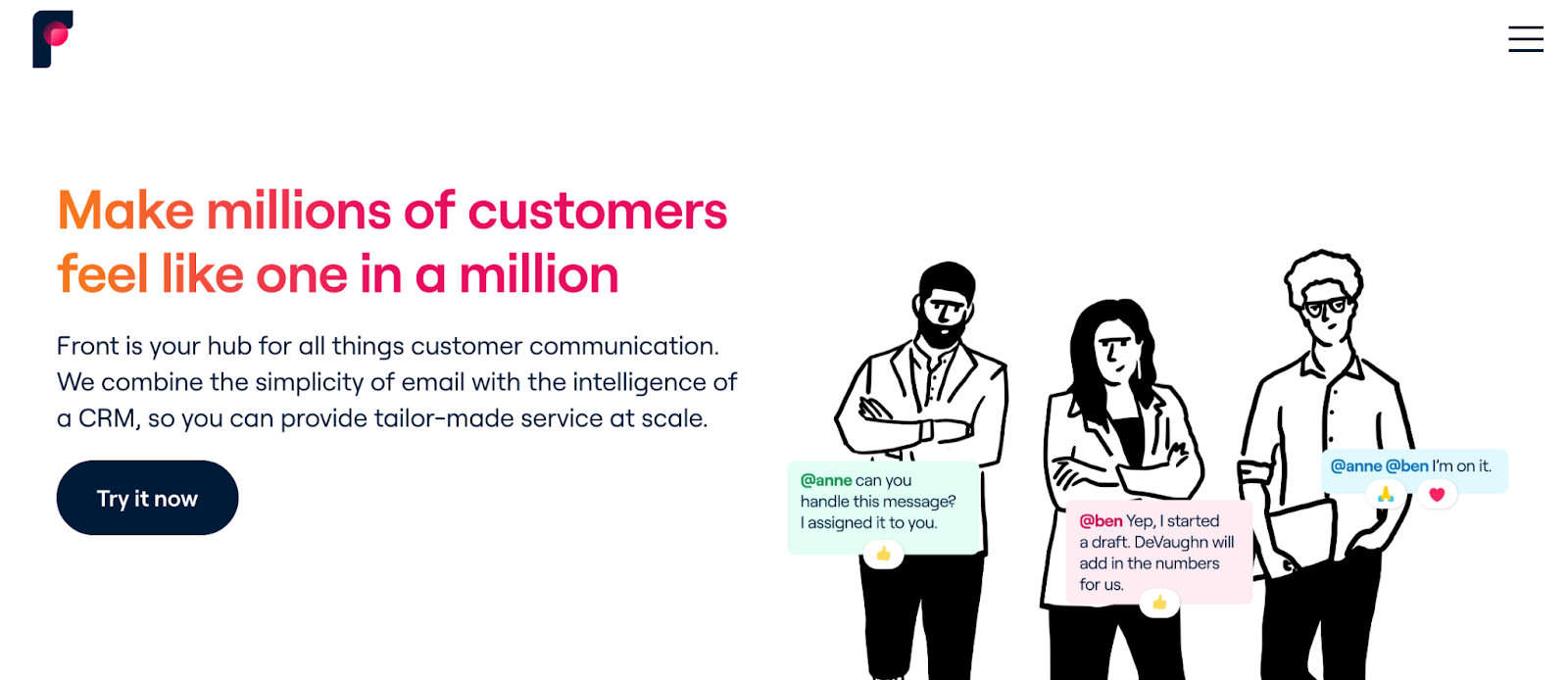 Front homepage: Make millions of customers feel like one in a million.