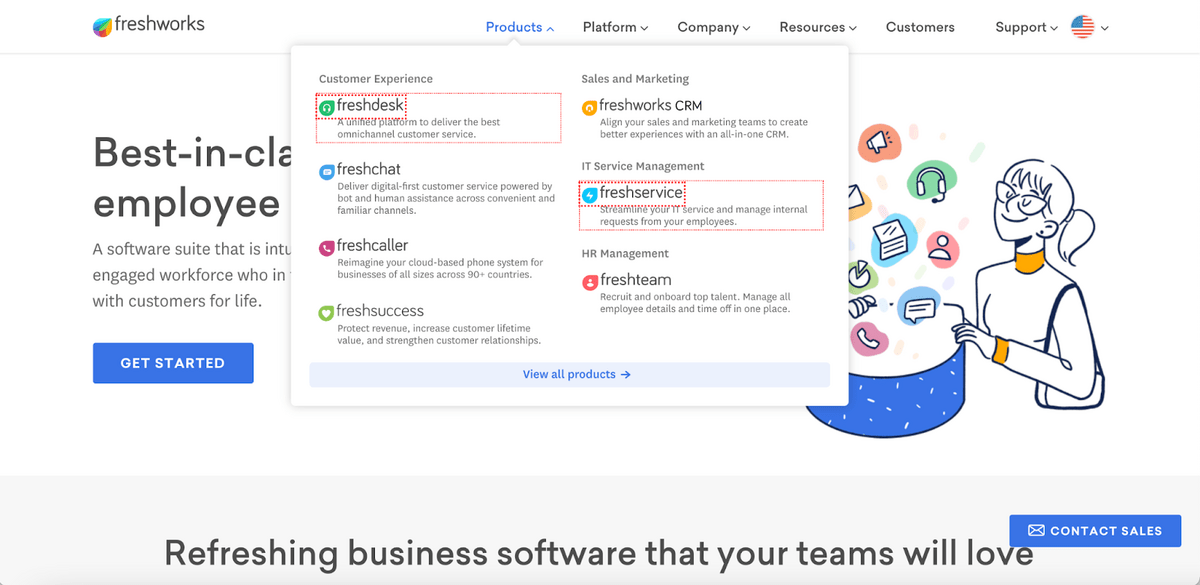 Freshworks homepage: Freshdesk, Freshchat, Freshcaller, Freshsuccess, Freshworks CRM, Freshservice, Freshteam