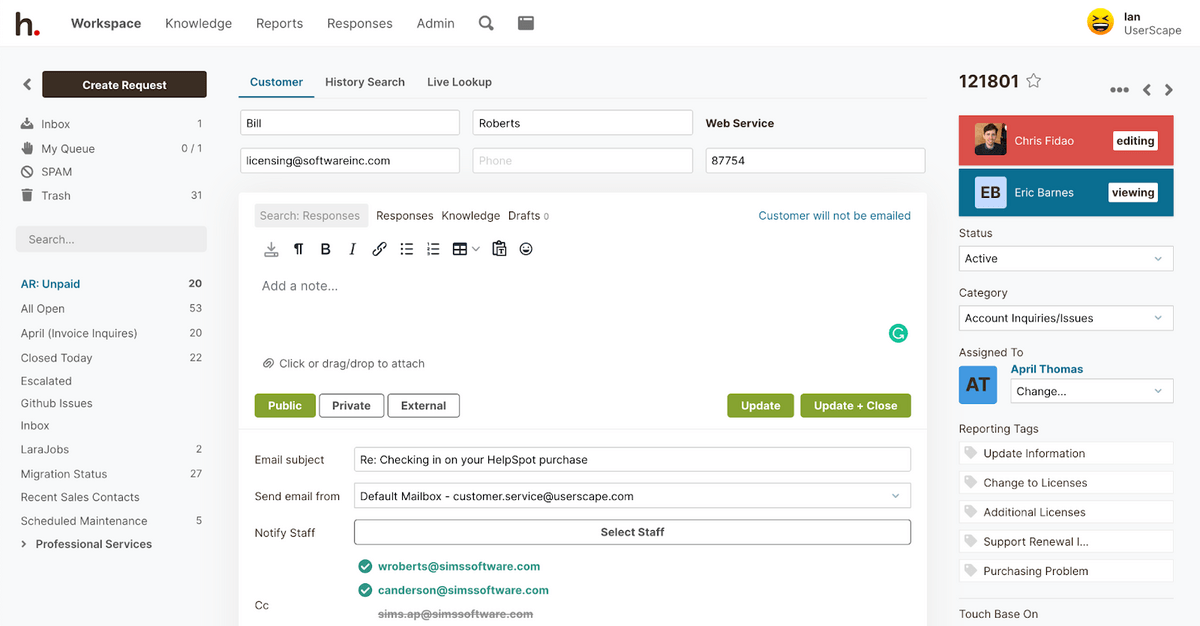 HelpSpot's interface let's you see who is viewing or editing an email response, so two people don't respond.