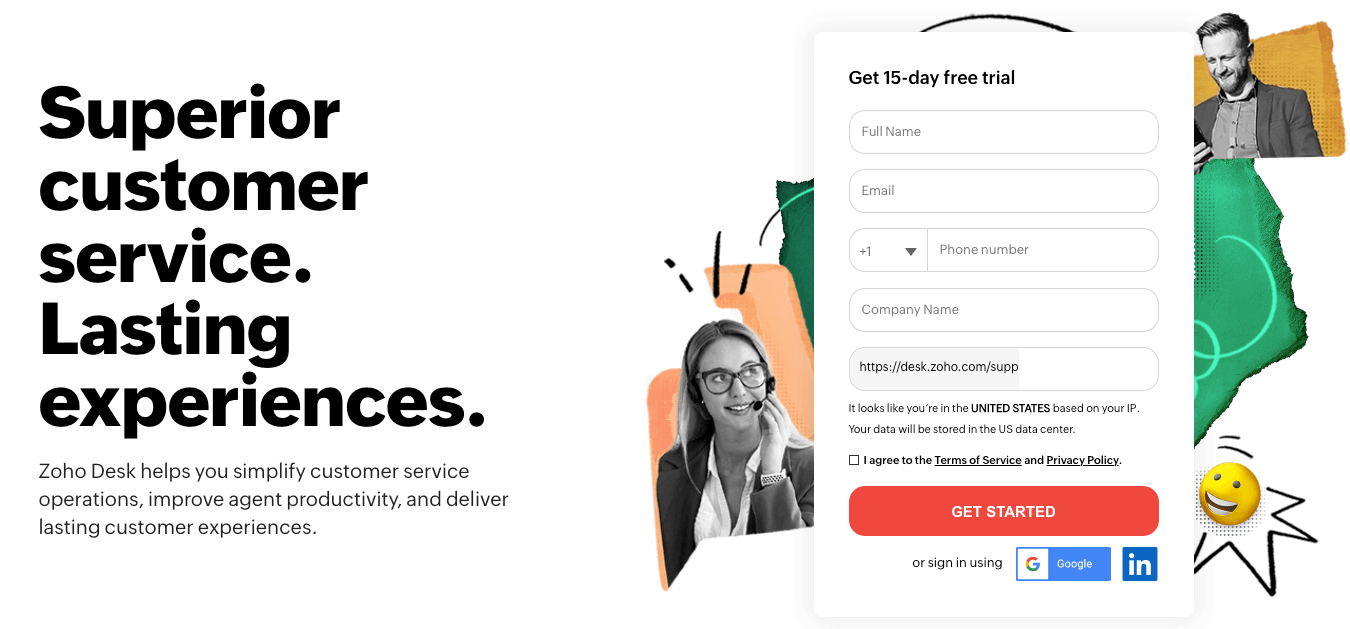 Zoho Desk homepage: Superior customer service. Lasting experiences.