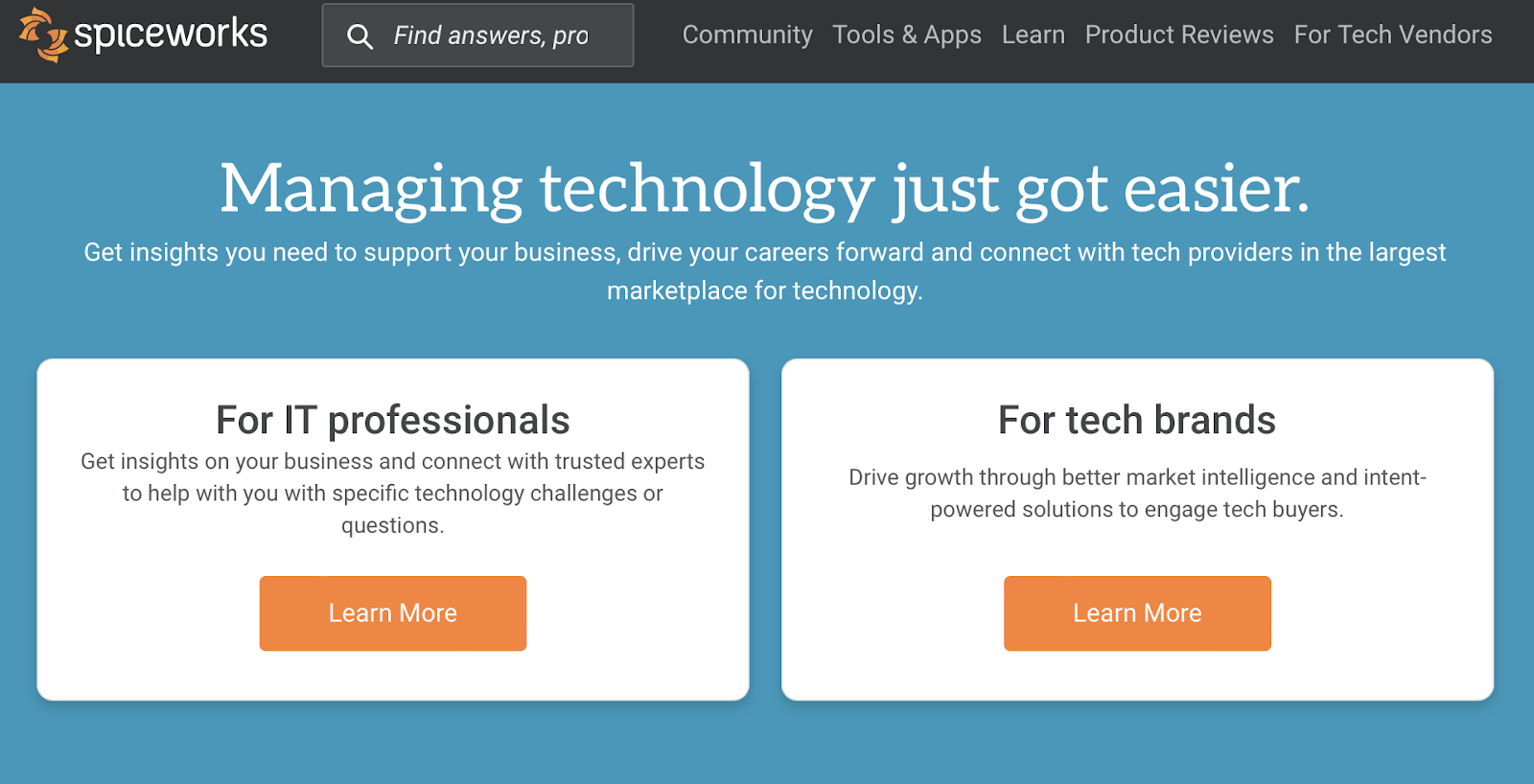 Spiceworks homepage: Managing technology just got easier.