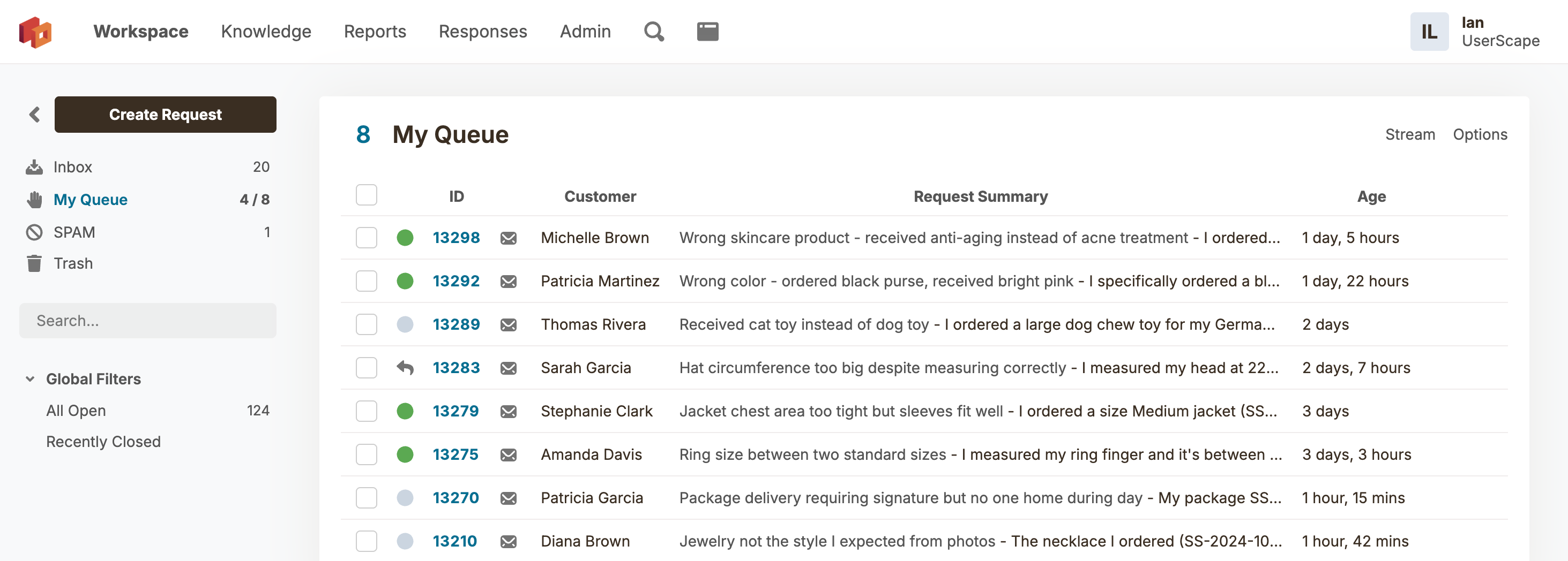 HelpSpot workspace showing My Queue with ticket list